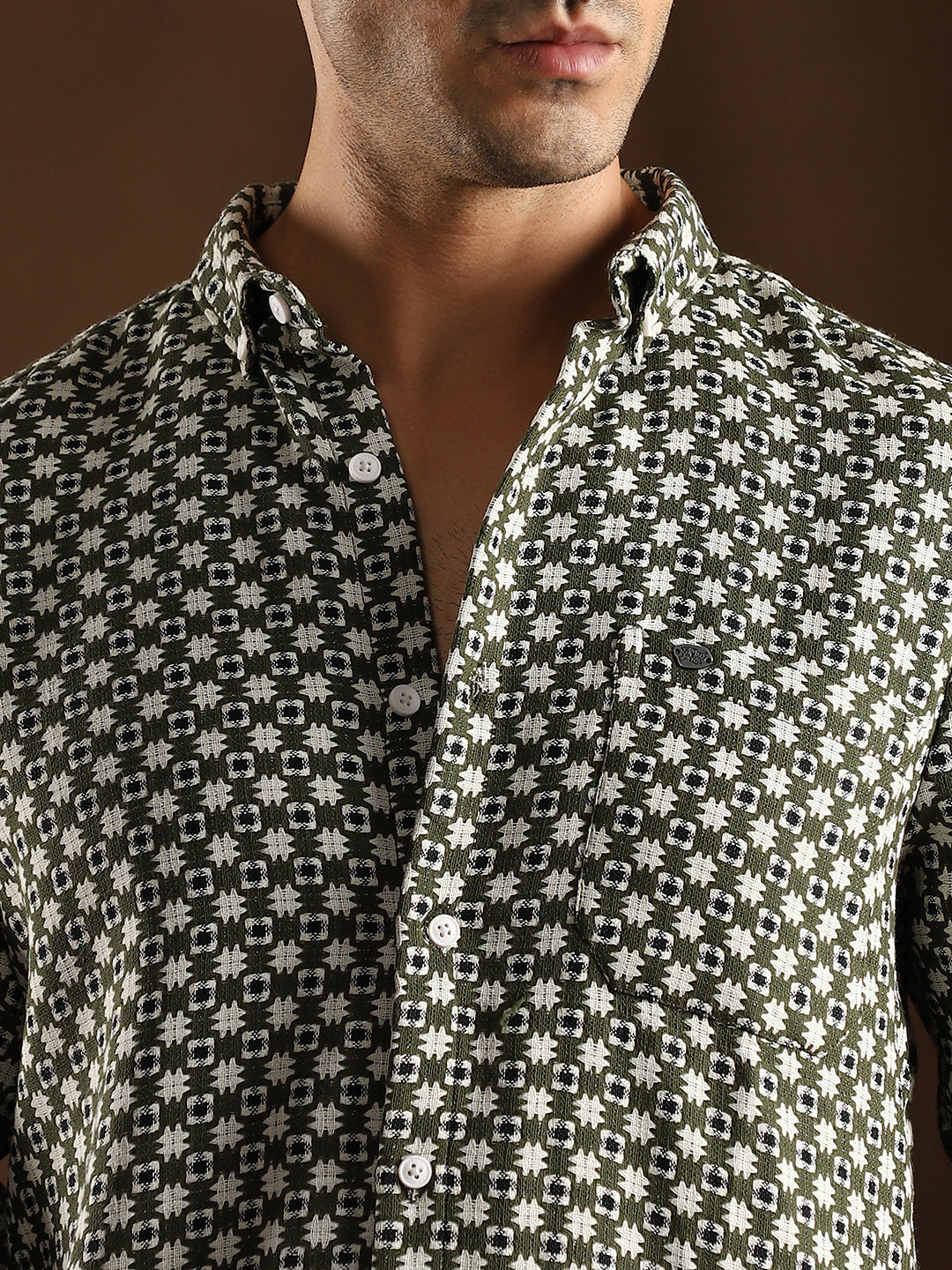 Men Olive Green Motif-Block Regular Shirt