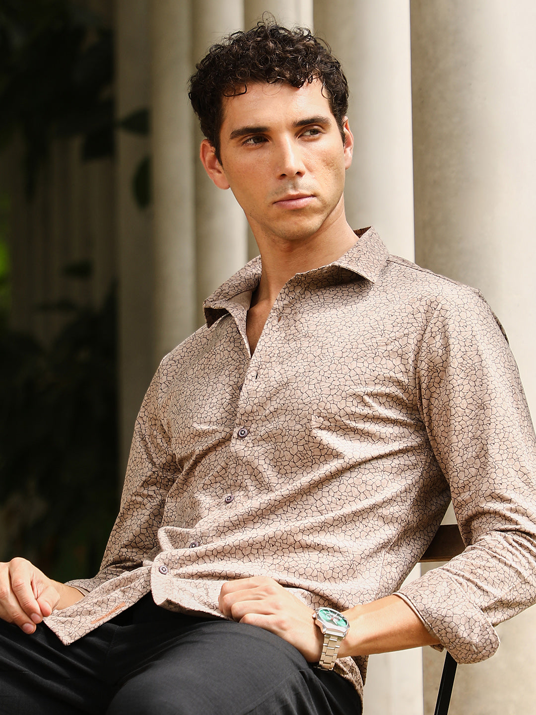 Men Sand Beige Mosiac-Imprint Suede Shirt