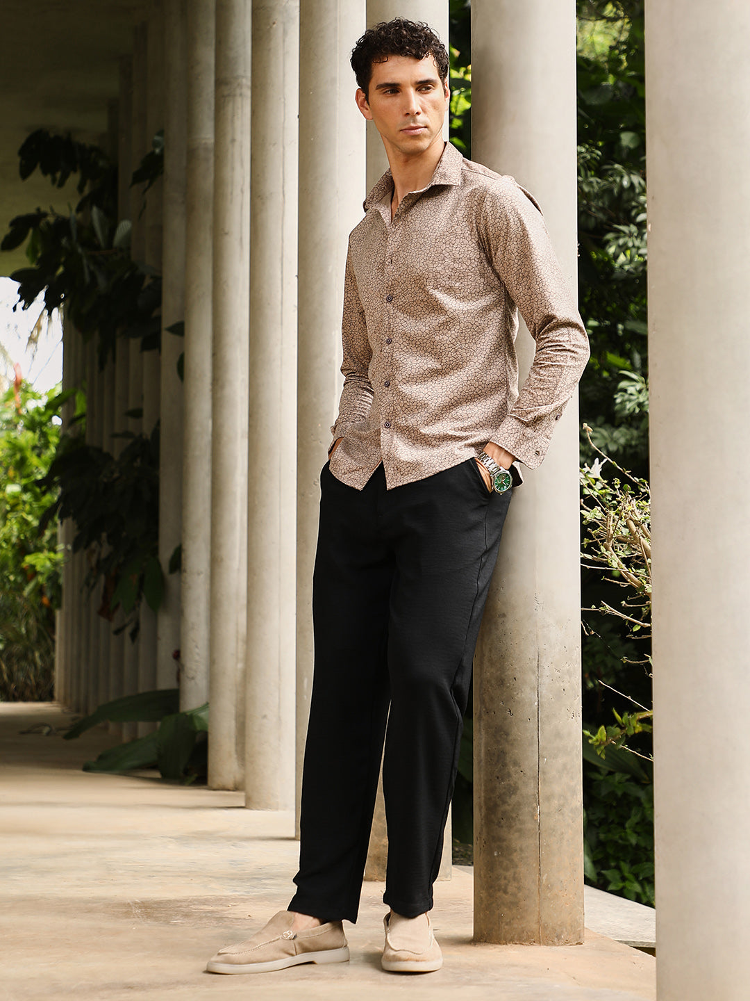 Men Sand Beige Mosiac-Imprint Suede Shirt
