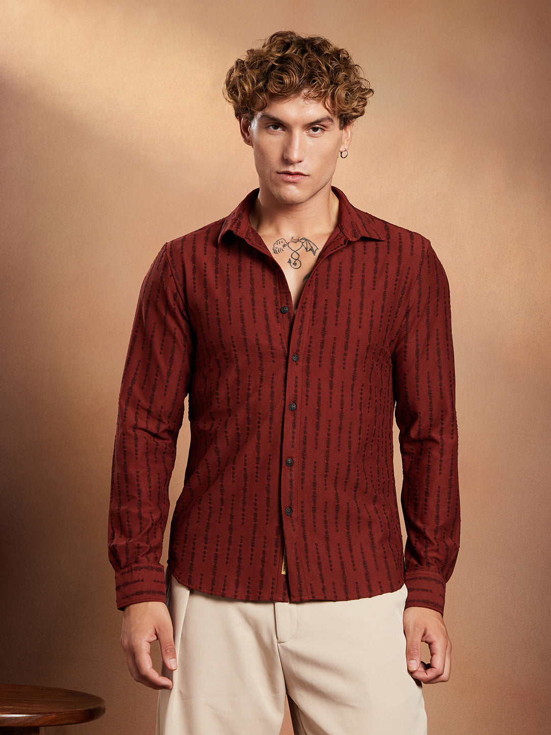 Men Brick Red Tassel-Weave Shirt