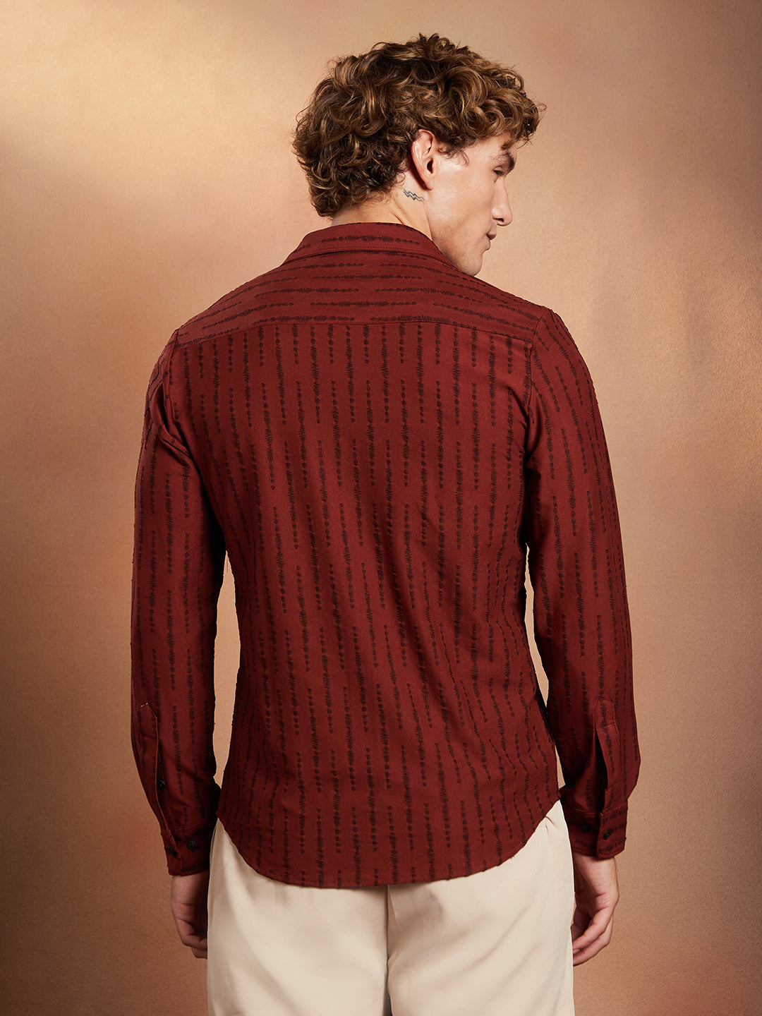 Men Brick Red Tassel-Weave Shirt