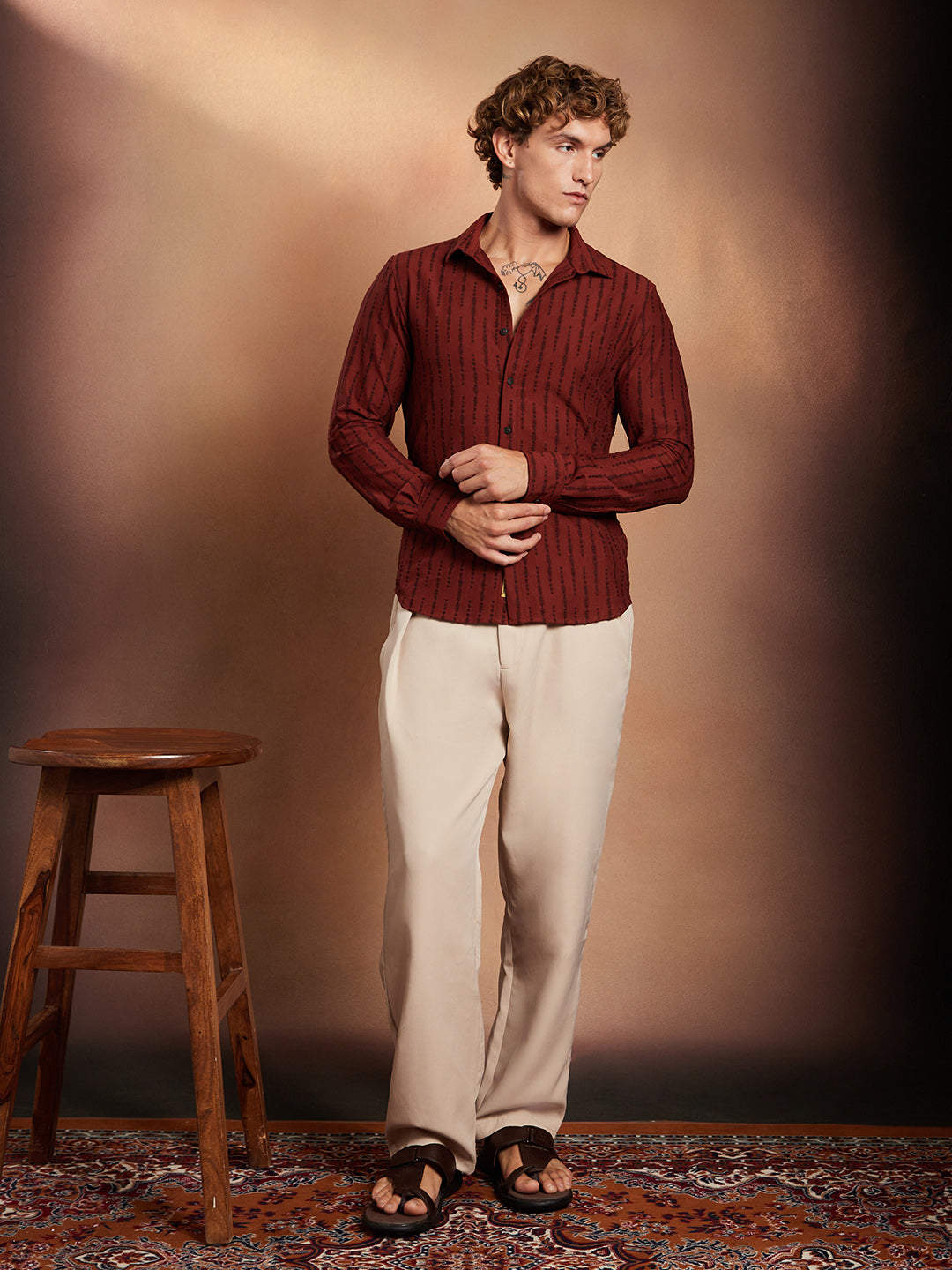 Men Brick Red Tassel-Weave Shirt