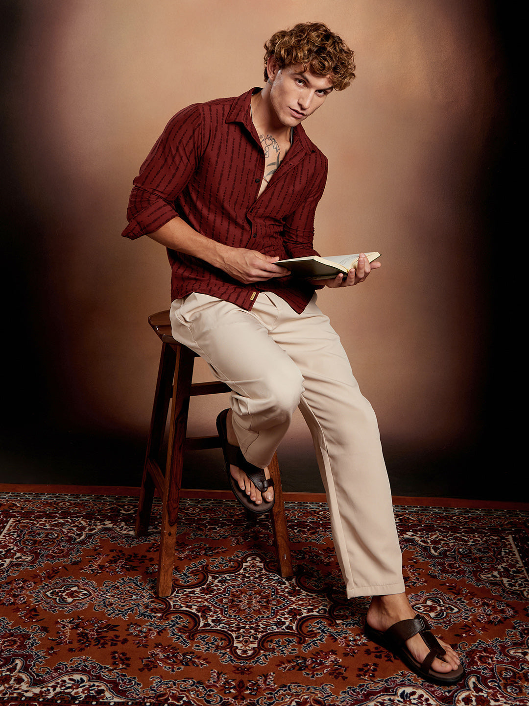 Men Brick Red Tassel-Weave Shirt