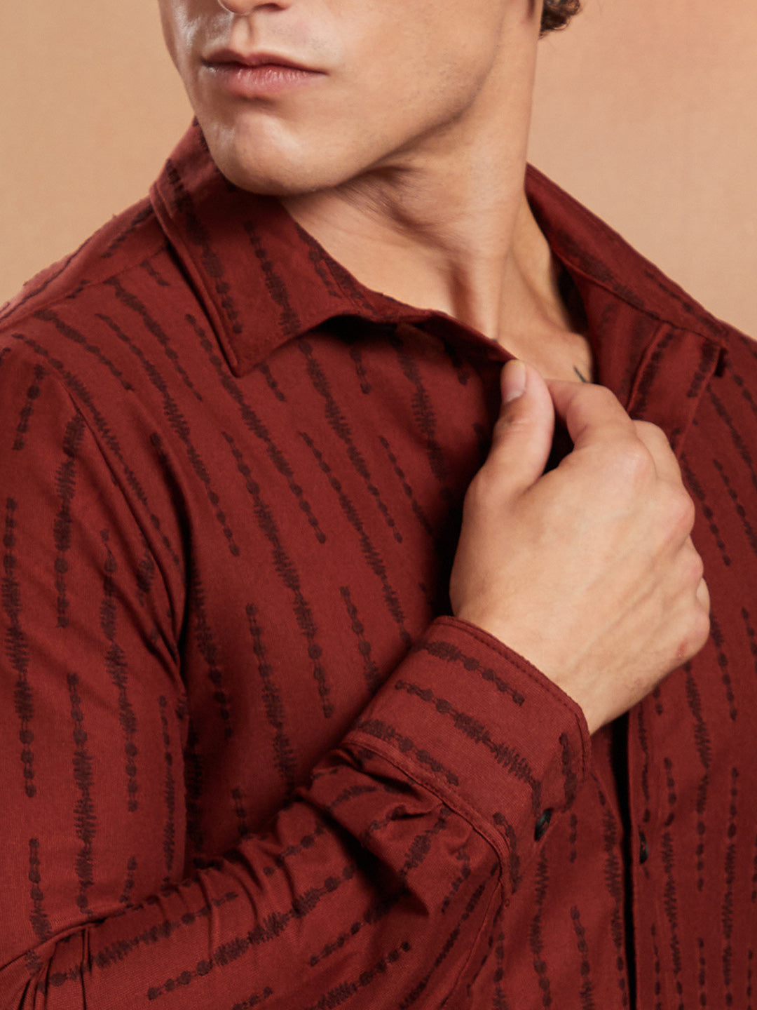 Men Brick Red Tassel-Weave Shirt