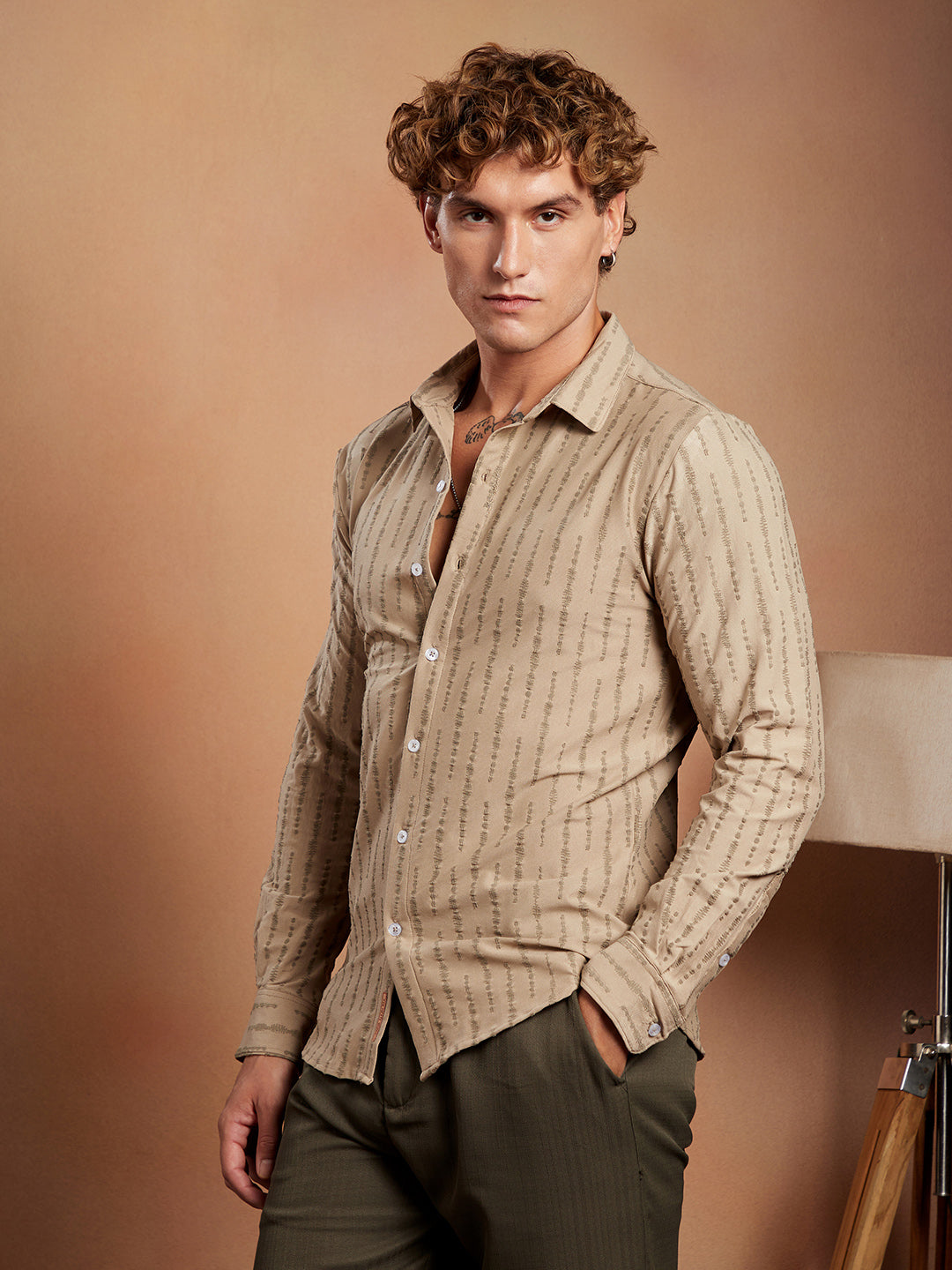 Men Sand Beige Tassel-Weave Shirt