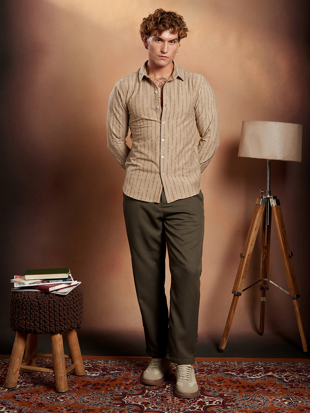 Men Sand Beige Tassel-Weave Shirt
