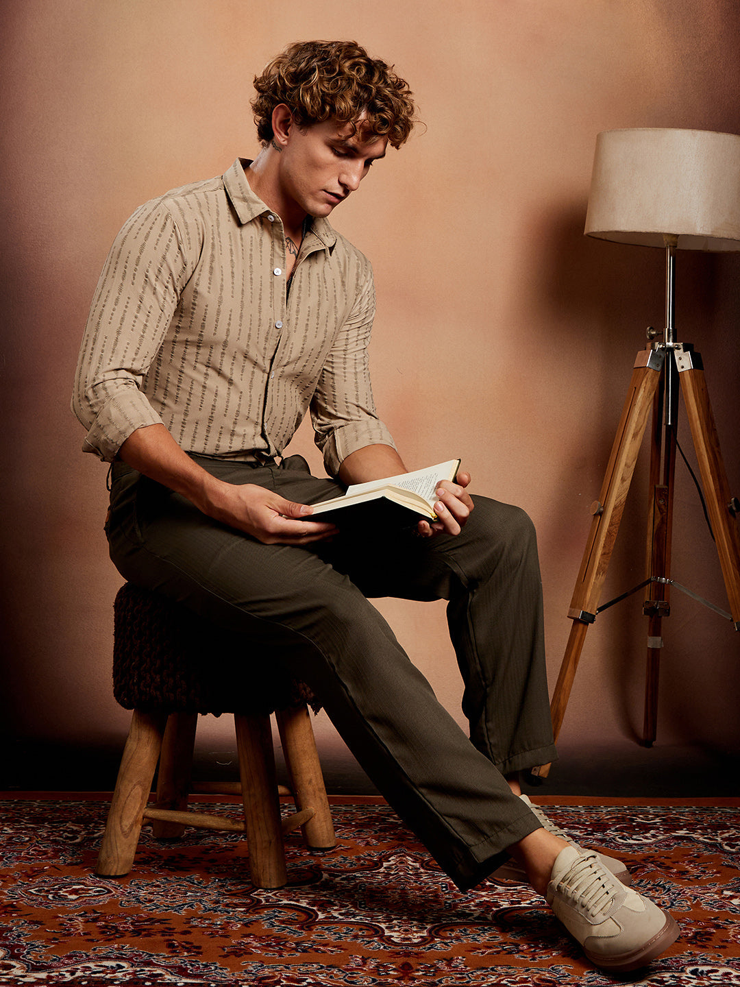 Men Sand Beige Tassel-Weave Shirt