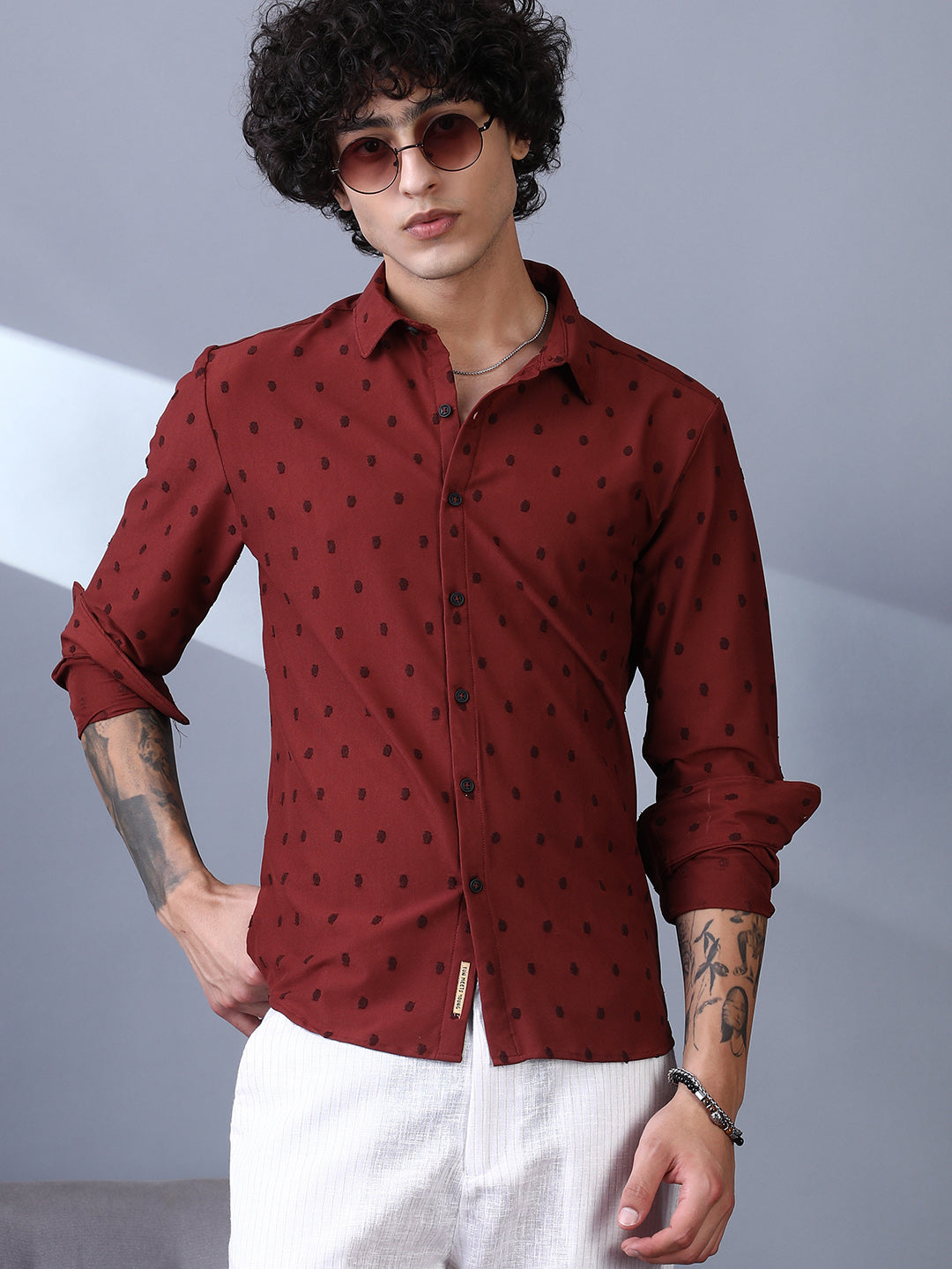 Men Brick Red Polka-Tactile Shirt