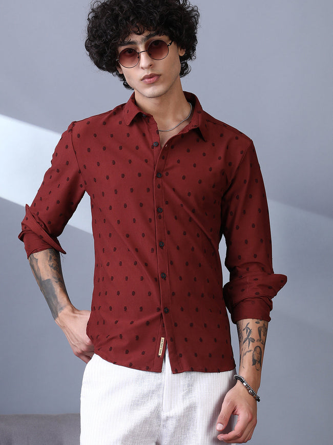 Men Brick Red Polka-Tactile Shirt