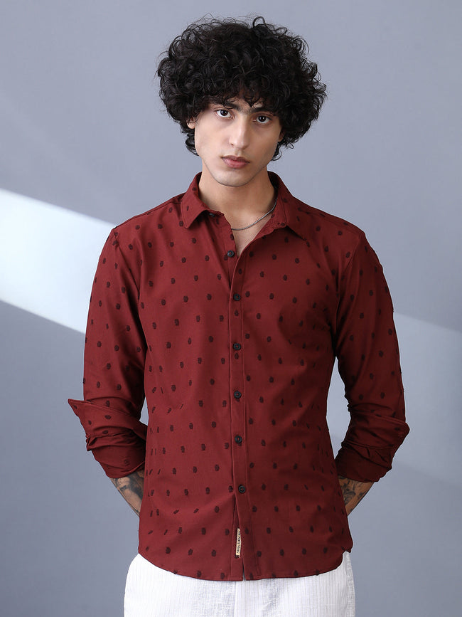 Men Brick Red Polka-Tactile Shirt