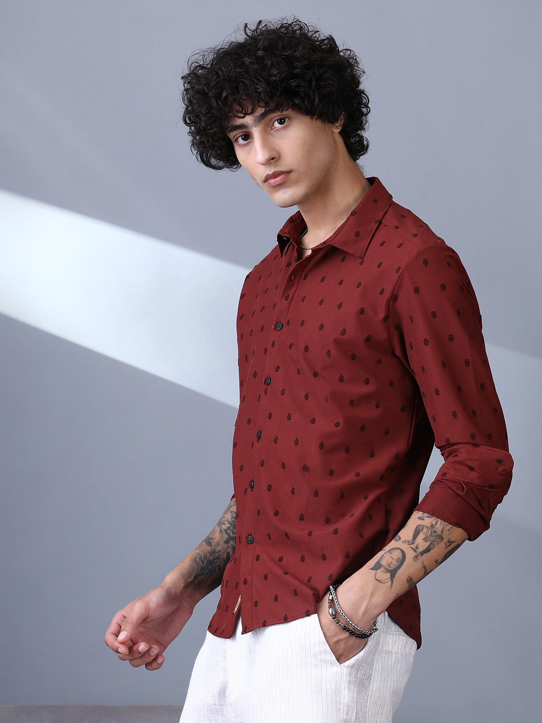 Men Brick Red Polka-Tactile Shirt