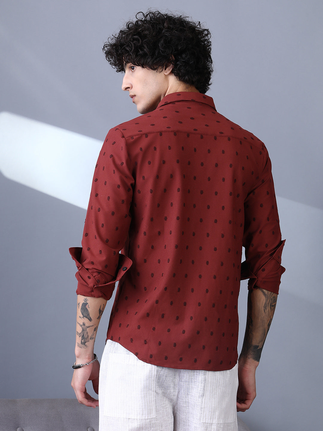 Men Brick Red Polka-Tactile Shirt