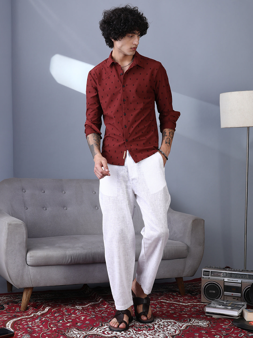 Men Brick Red Polka-Tactile Shirt