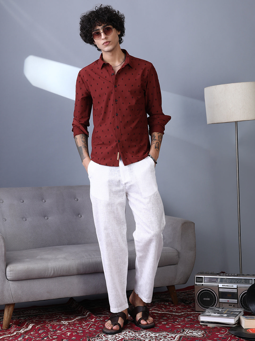 Men Brick Red Polka-Tactile Shirt