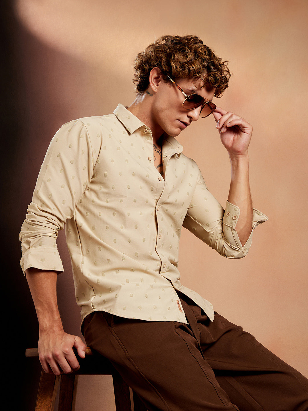 Men Sand Beige Polka-Tactile Shirt