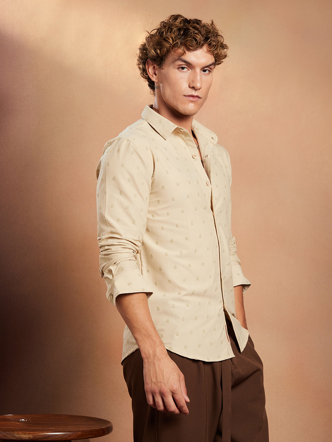 Men Sand Beige Polka-Tactile Shirt
