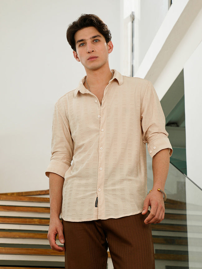 Men Beige Textured Slim Fit Full Sleeve Shirt