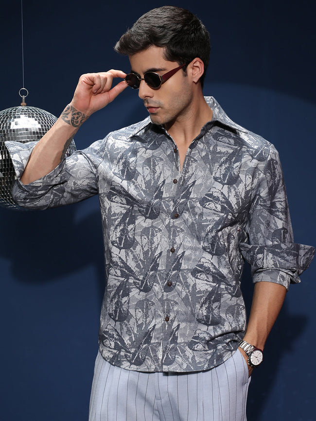 Men Indigo Blue Willow-Foliage Imprint Shirt