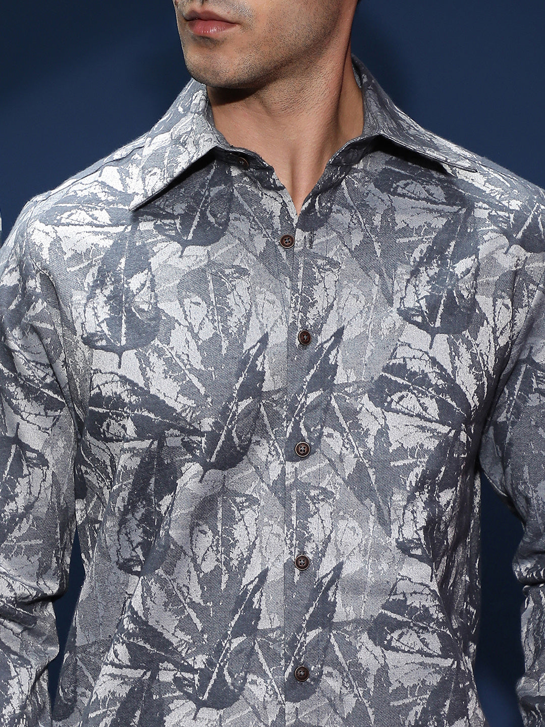 Men Indigo Blue Willow-Foliage Imprint Shirt
