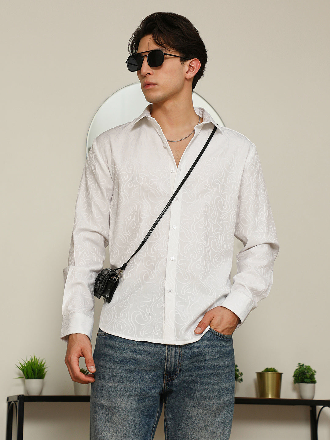 Men White Paisley Self-Design Slim Fit Shirt