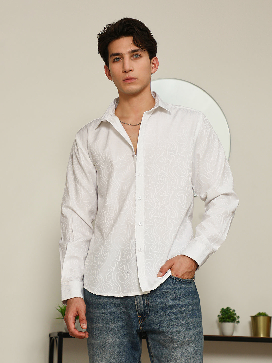 Men White Paisley Self-Design Slim Fit Shirt