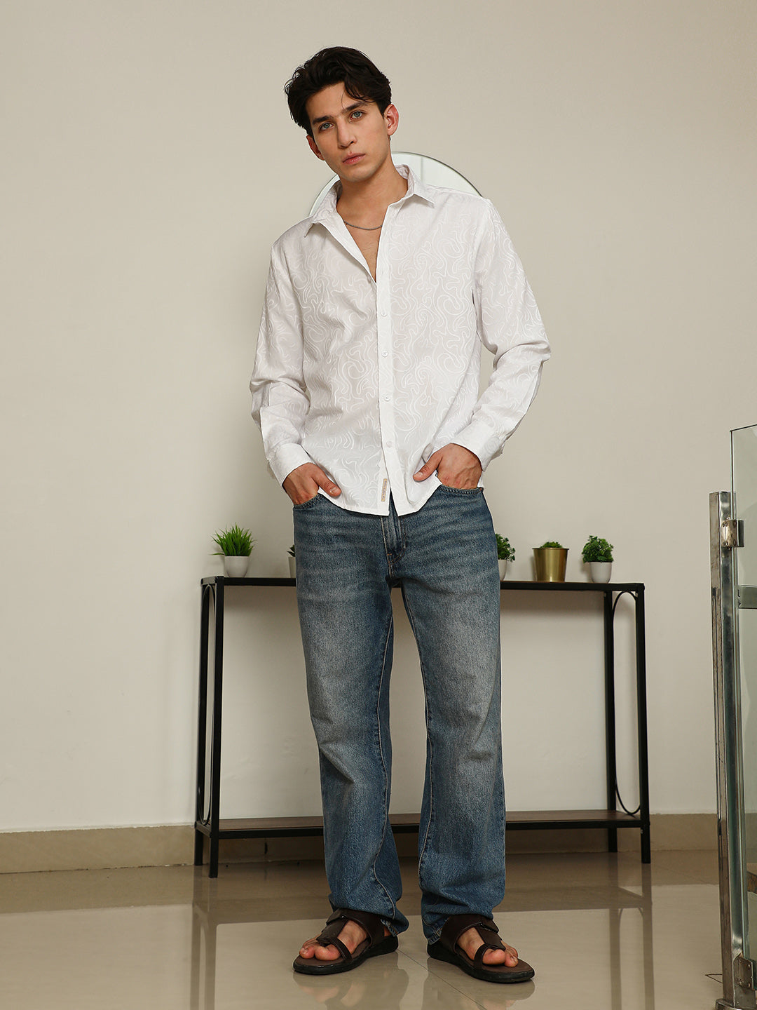Men White Paisley Self-Design Slim Fit Shirt