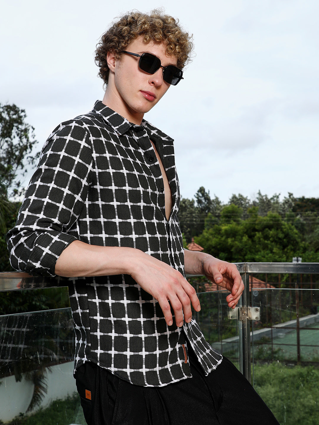 Men Black And White Checkered Cotton Shirt