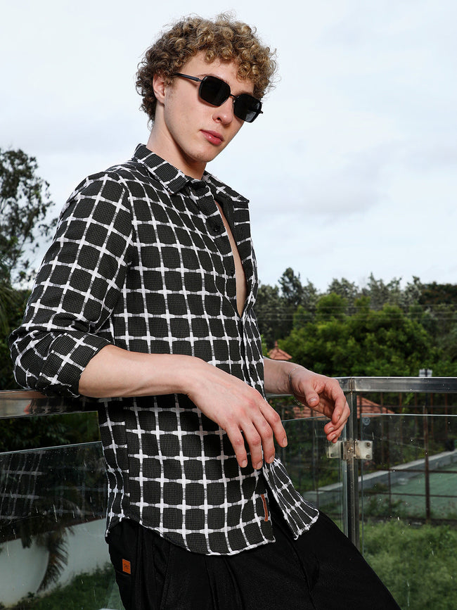 Men Black And White Checkered Cotton Shirt