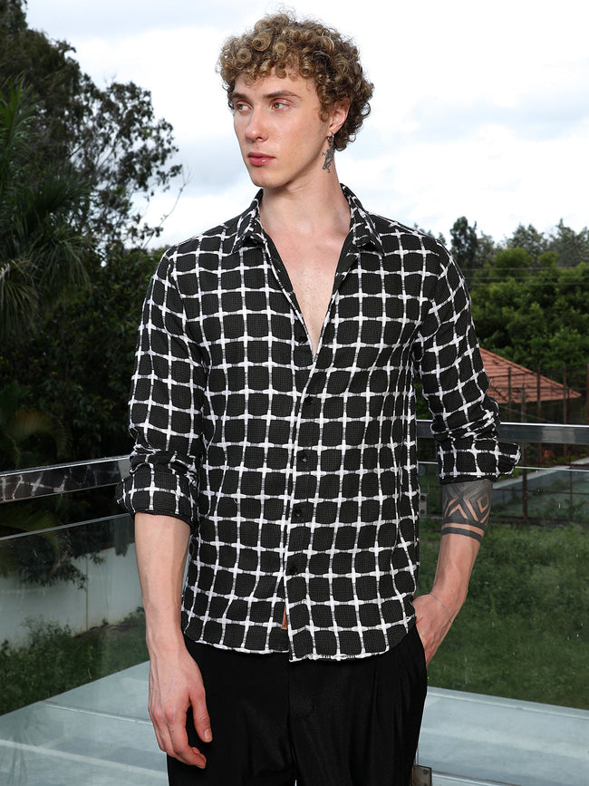 Men Black And White Checkered Cotton Shirt