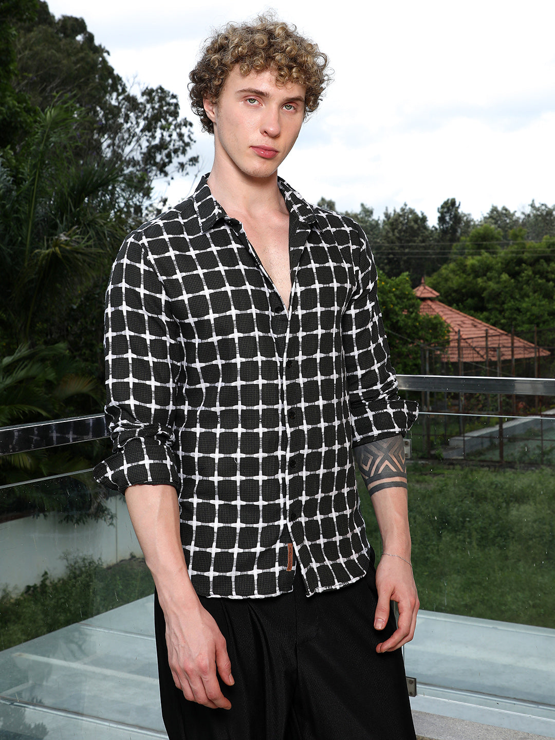 Men Black And White Checkered Cotton Shirt
