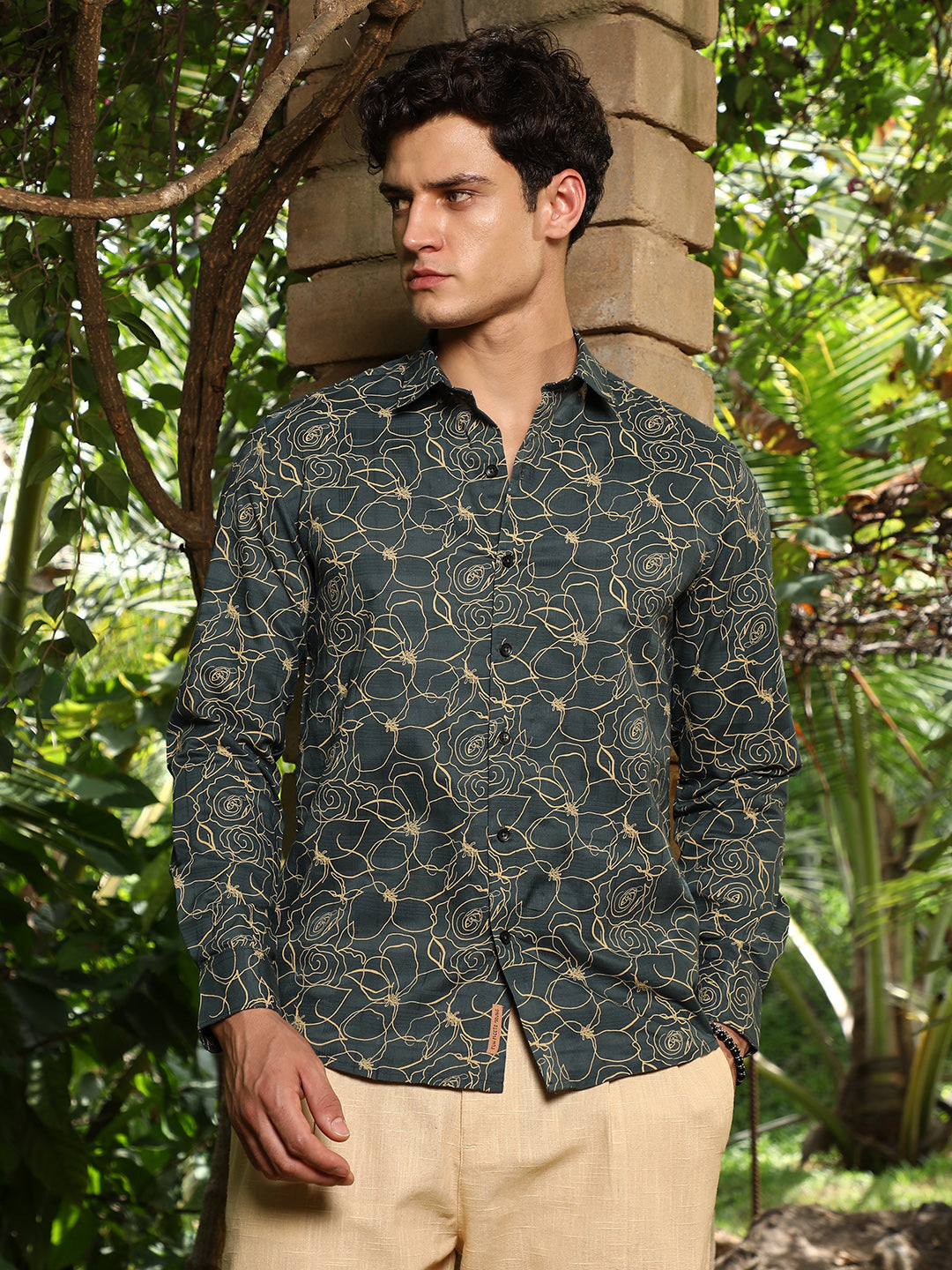 Men Sacramento Green Roses-Lined Embroidered Shirt
