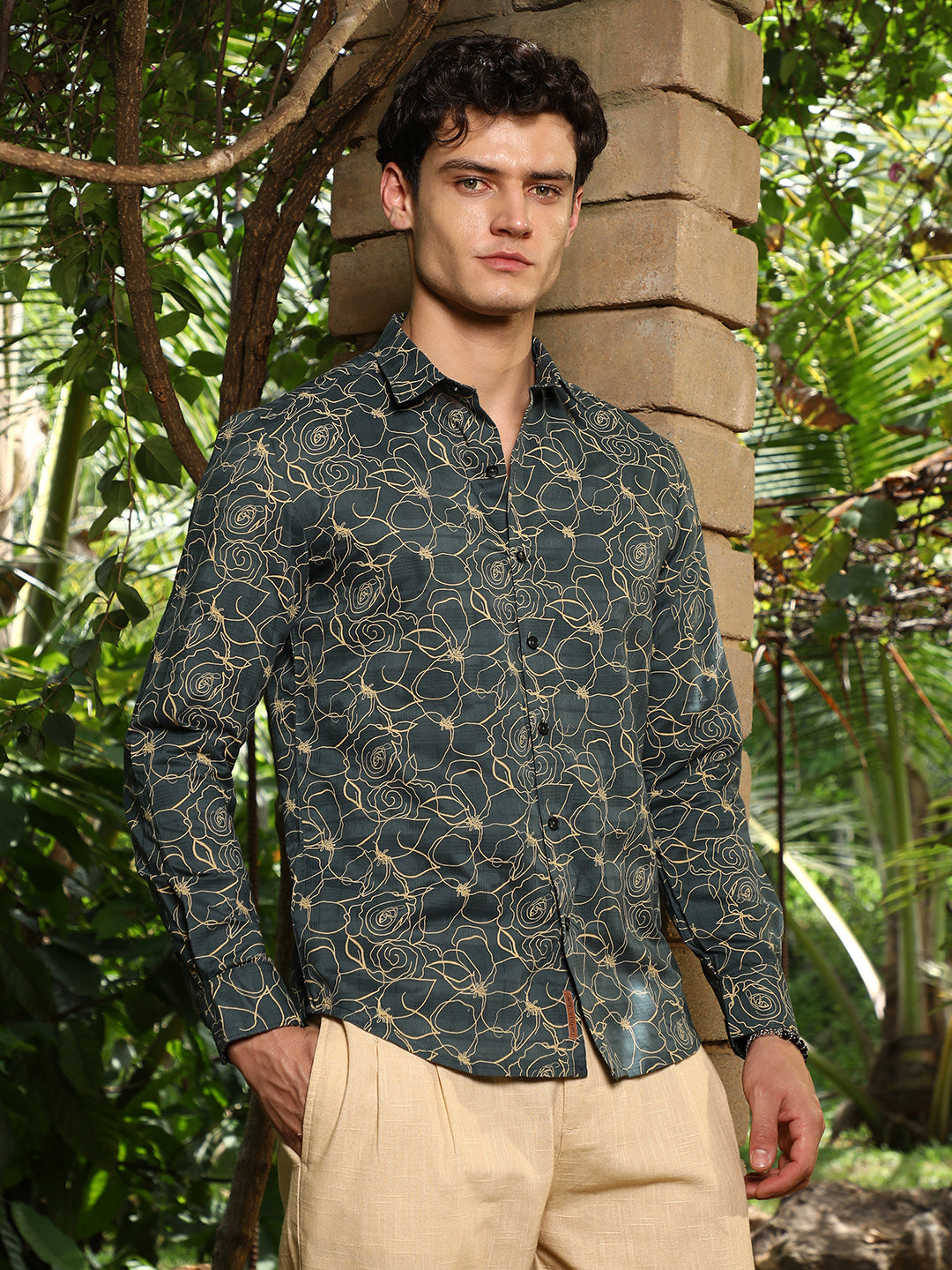 Men Sacramento Green Roses-Lined Embroidered Shirt
