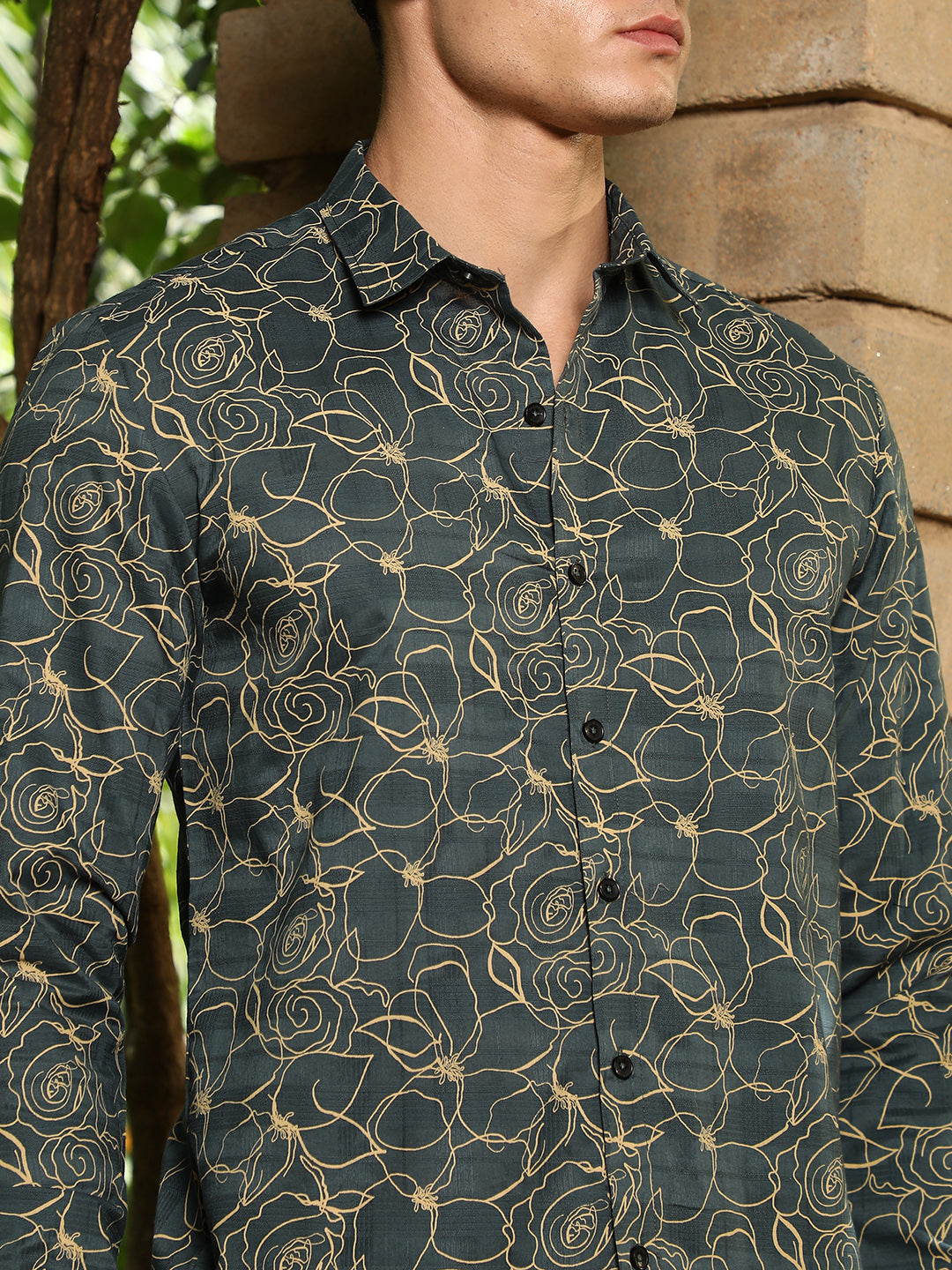 Men Sacramento Green Roses-Lined Embroidered Shirt