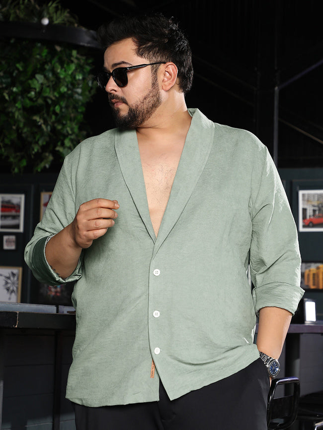 Men Sage Green Solid Shawl Collar Relaxed Shirt