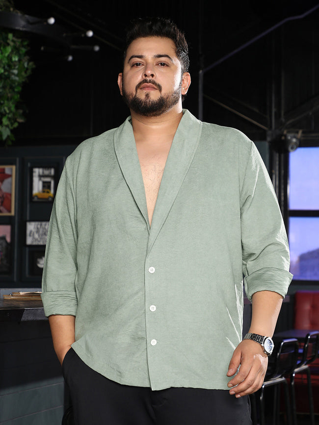 Men Sage Green Solid Shawl Collar Relaxed Shirt
