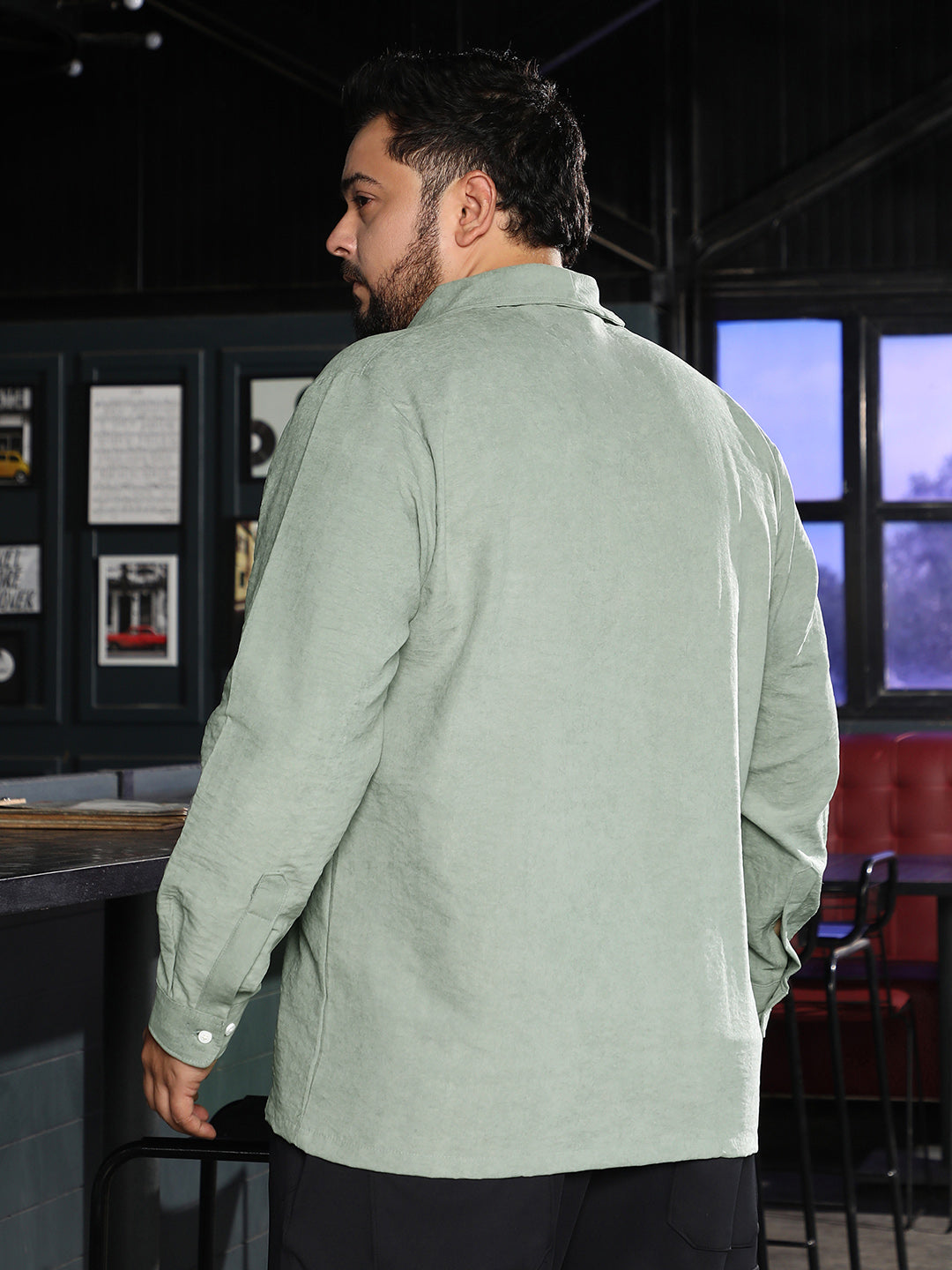 Men Sage Green Solid Shawl Collar Relaxed Shirt
