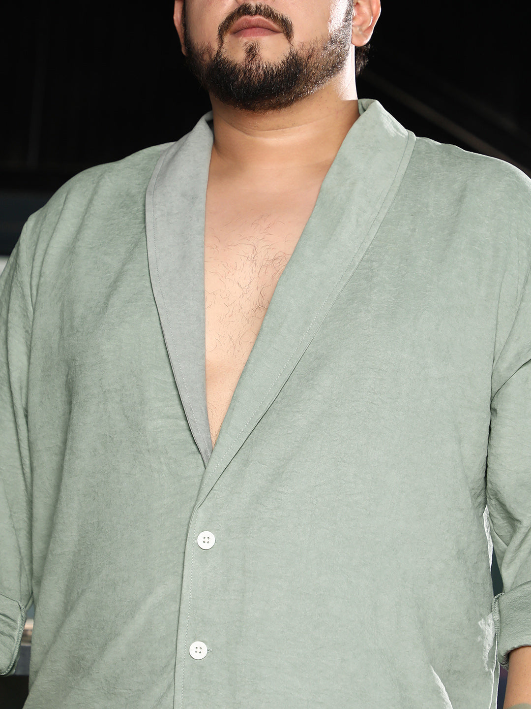 Men Sage Green Solid Shawl Collar Relaxed Shirt