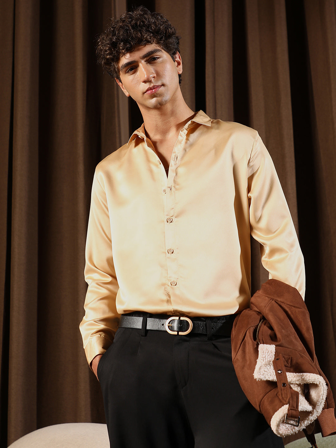 Men Buff Beige Solid-Satin Regular Shirt