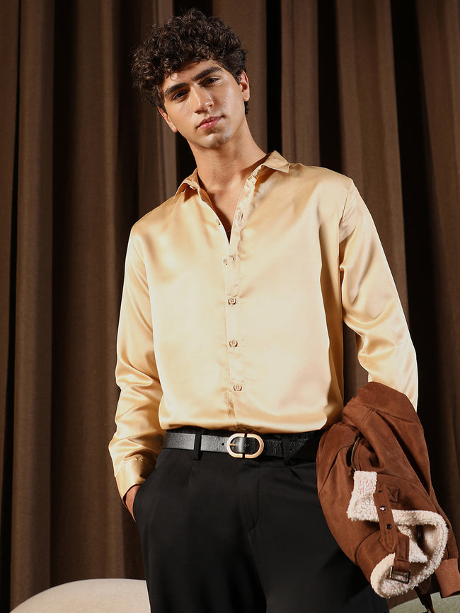 Men Buff Beige Solid-Satin Regular Shirt