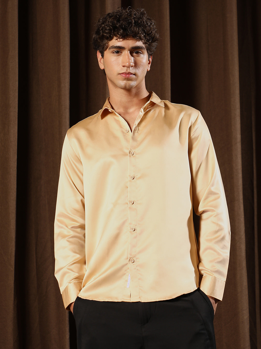 Men Buff Beige Solid-Satin Regular Shirt