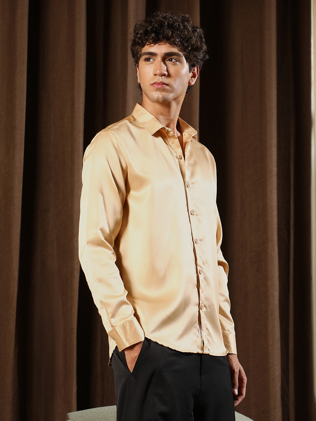 Men Buff Beige Solid-Satin Regular Shirt