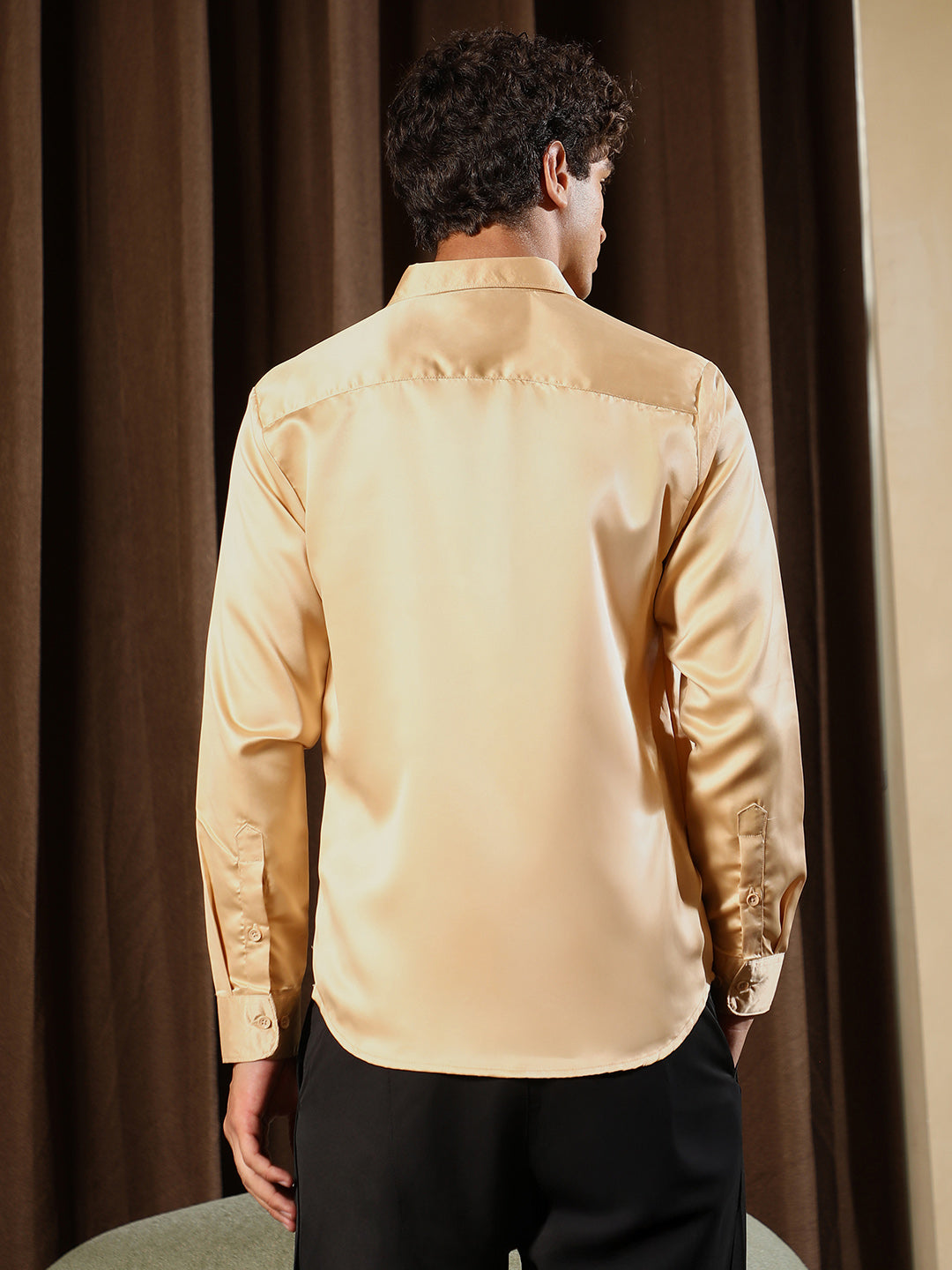 Men Buff Beige Solid-Satin Regular Shirt