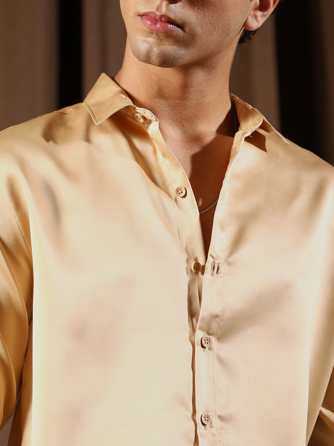 Men Buff Beige Solid-Satin Regular Shirt