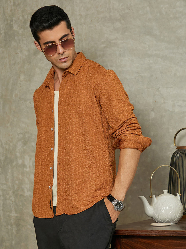Men Copper Brown Bloom-Textured Shirt