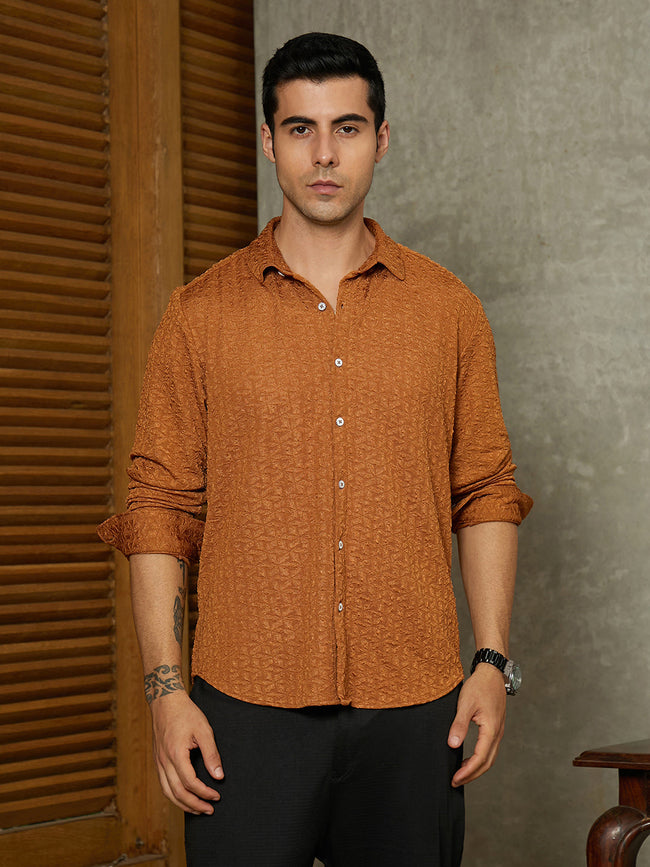 Men Copper Brown Bloom-Textured Shirt