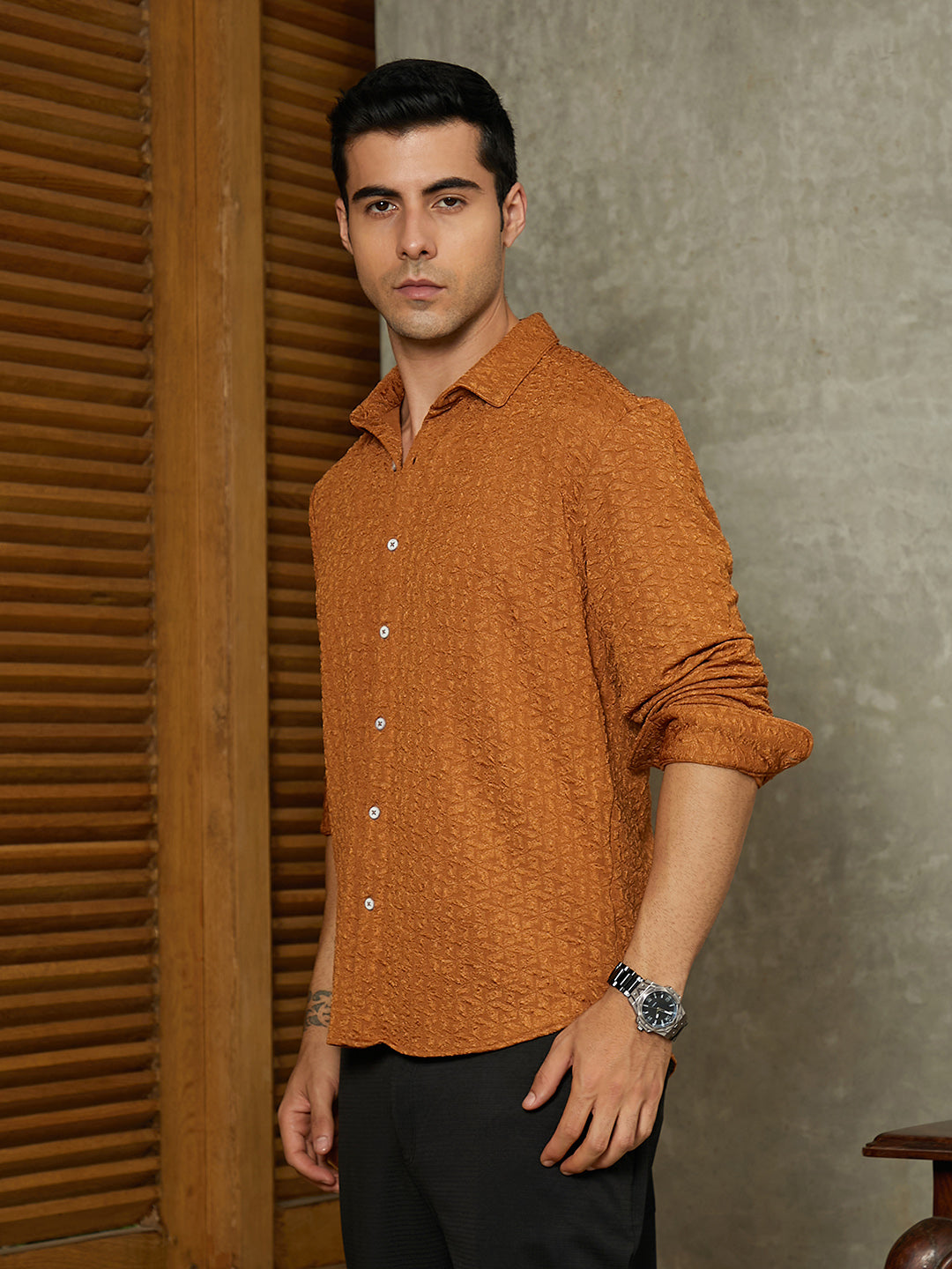 Men Copper Brown Bloom-Textured Shirt