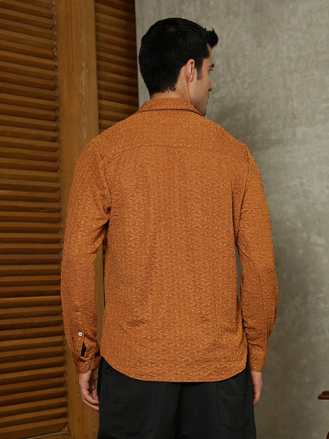 Men Copper Brown Bloom-Textured Shirt