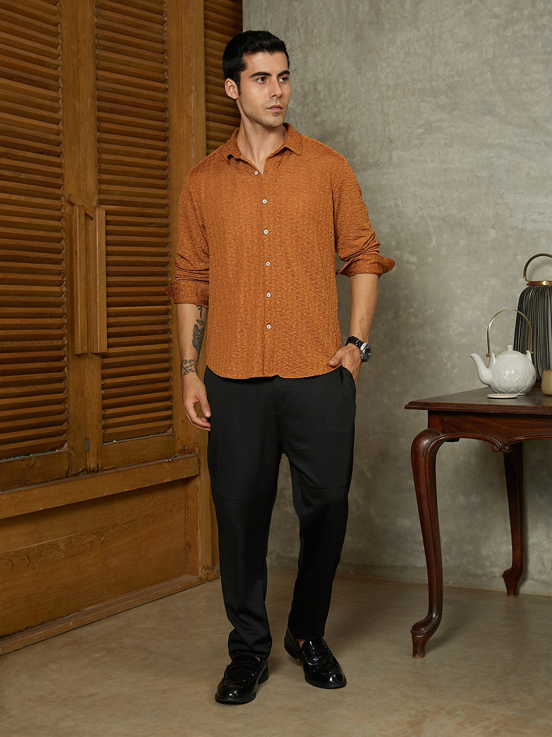Men Copper Brown Bloom-Textured Shirt