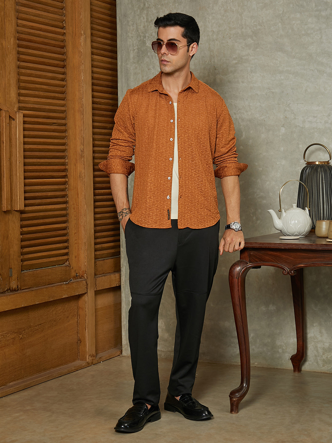 Men Copper Brown Bloom-Textured Shirt