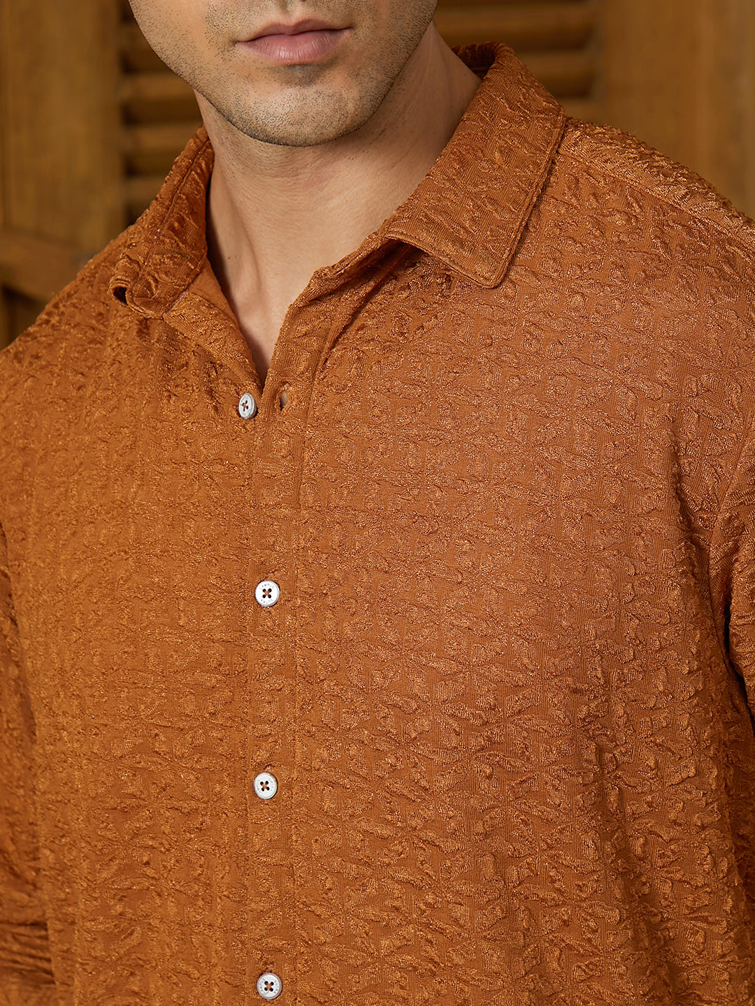 Men Copper Brown Bloom-Textured Shirt